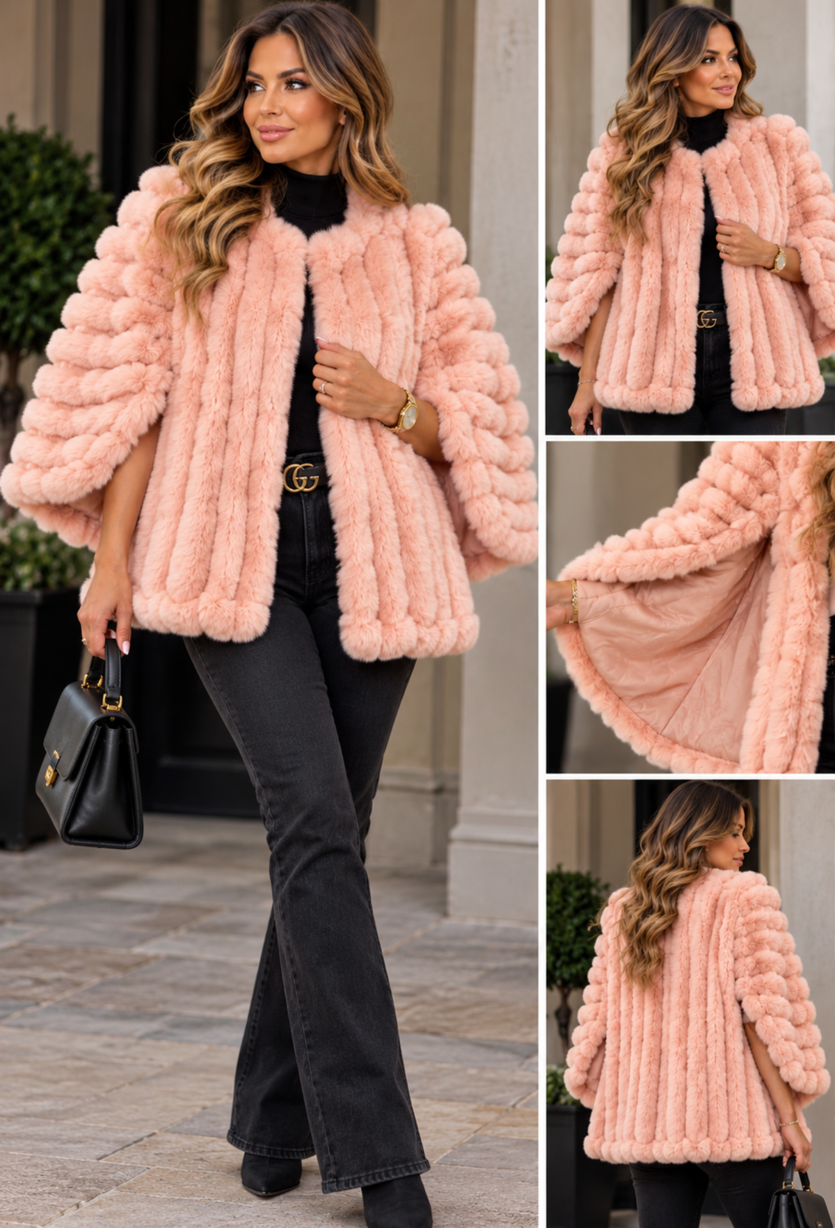 Luxe blush pink bamboo fur cape jacket with suede-feel interior and open cape sleeves