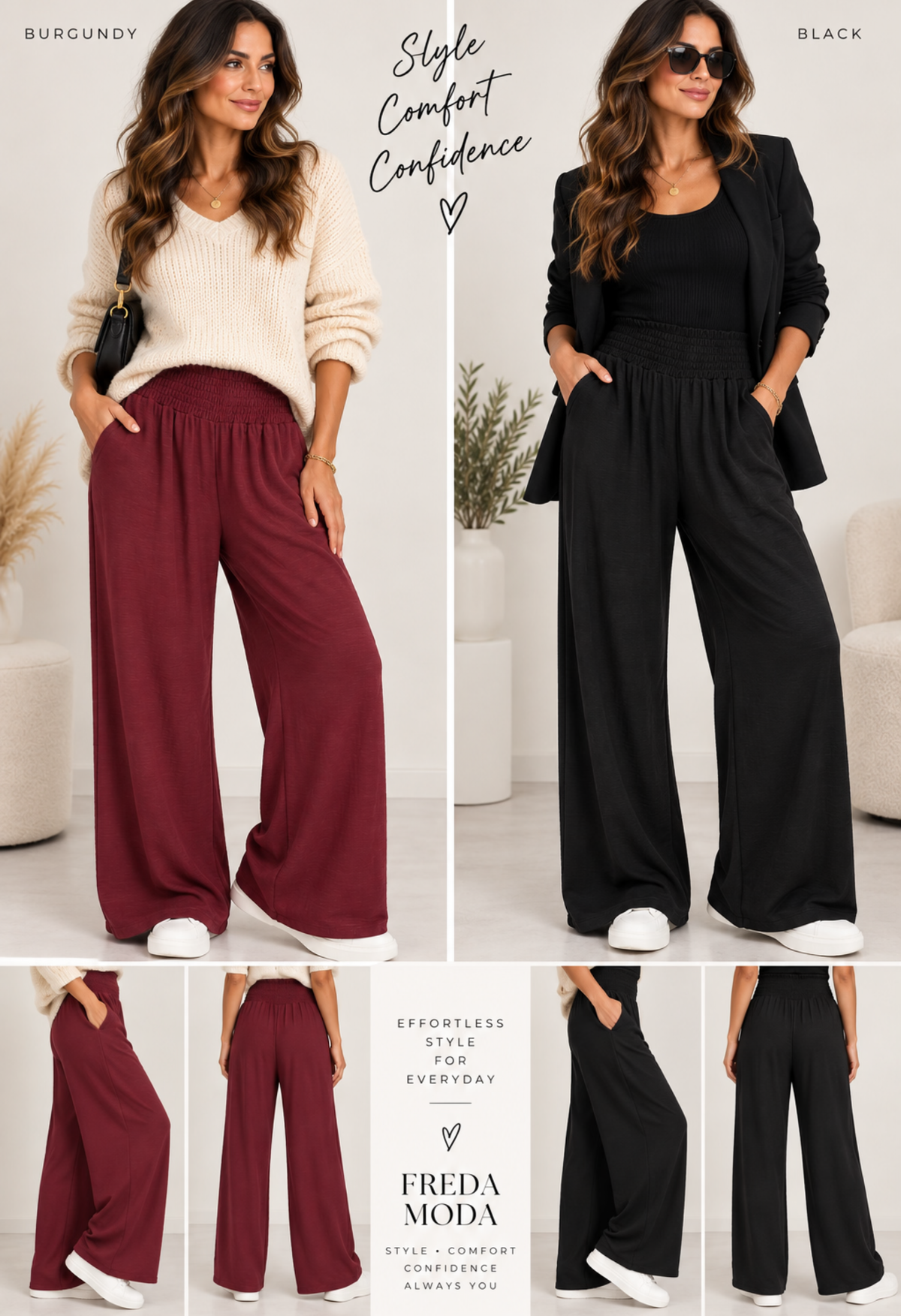 ELASTICATED WAIST POCKETS WIDE LEG TROUSERS