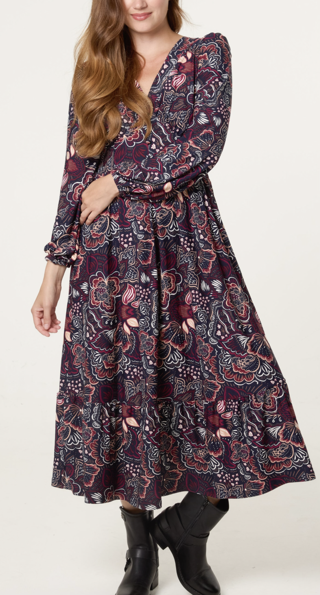 BUTTON FRONT V NECK FLORAL MIDI DRESS