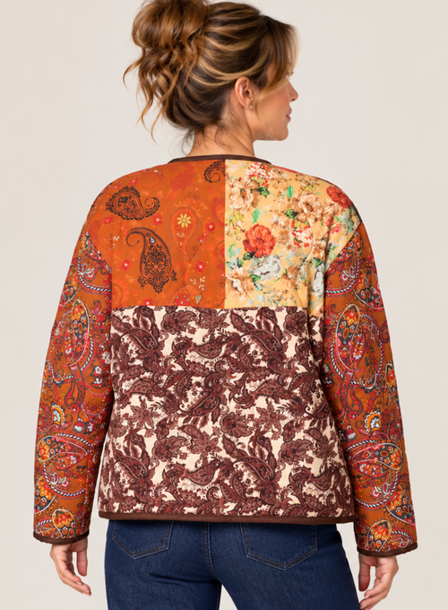 Boho Patchwork Print Quilted Jacket – Rust Mix 🍂