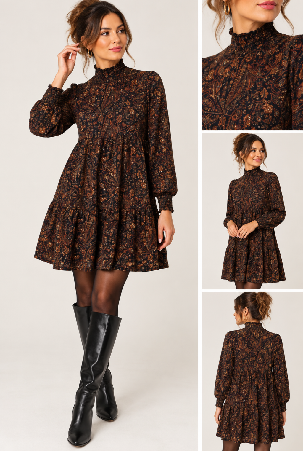 Model wearing a Paisley high neck smock dress with warm brown and rust paisley print, shirred neckline and tiered skirt