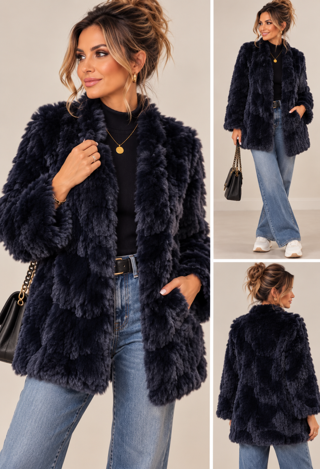 Blue-black bamboo fur jacket with suede lining, styled with jeans and gold jewelry, front and side views