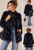 Blue-black bamboo fur jacket with suede lining, styled with jeans and gold jewelry, front and side views