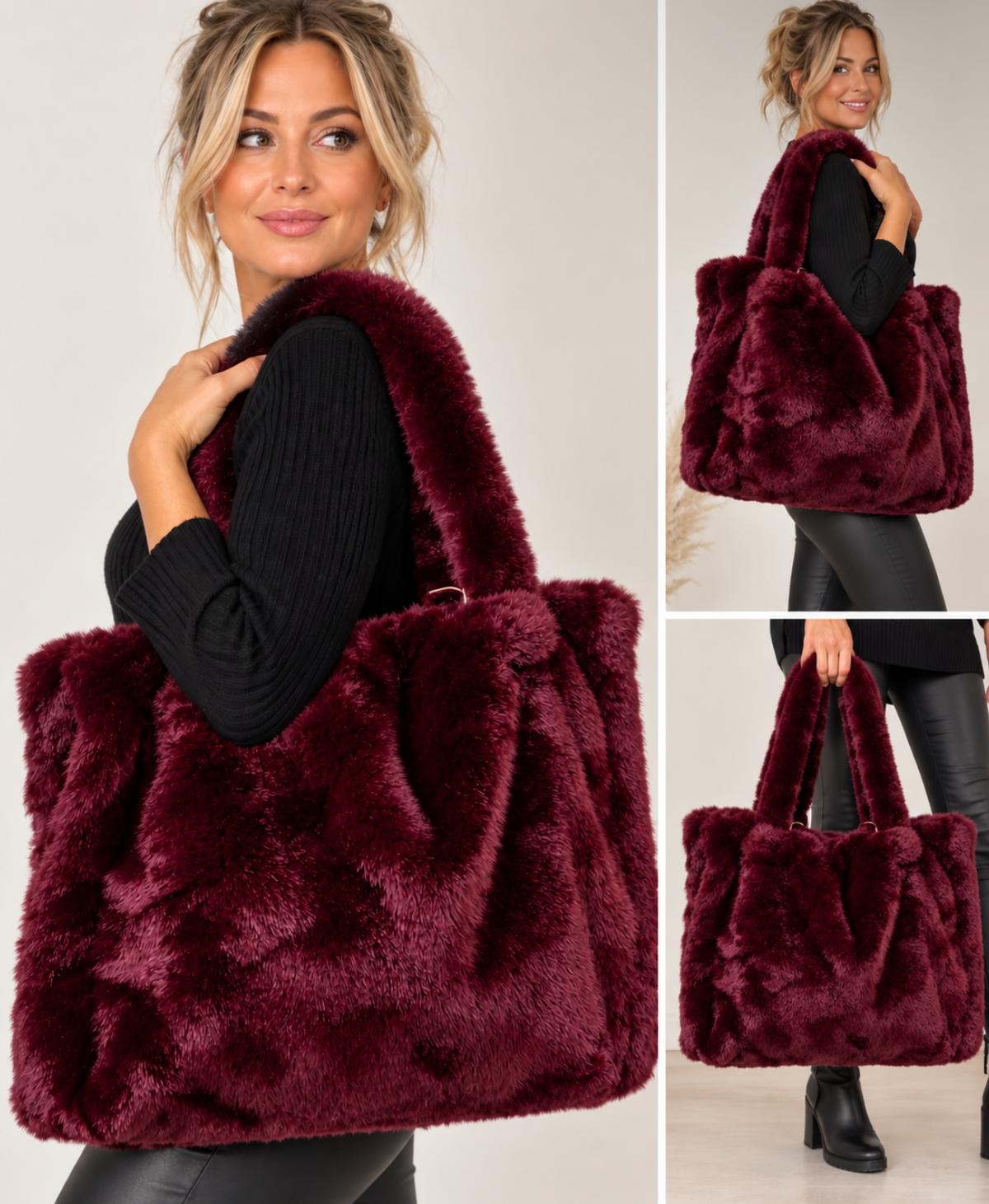 Oversized luxe faux fur tote bag in burgundy and black, plush oversized statement carry for winter style