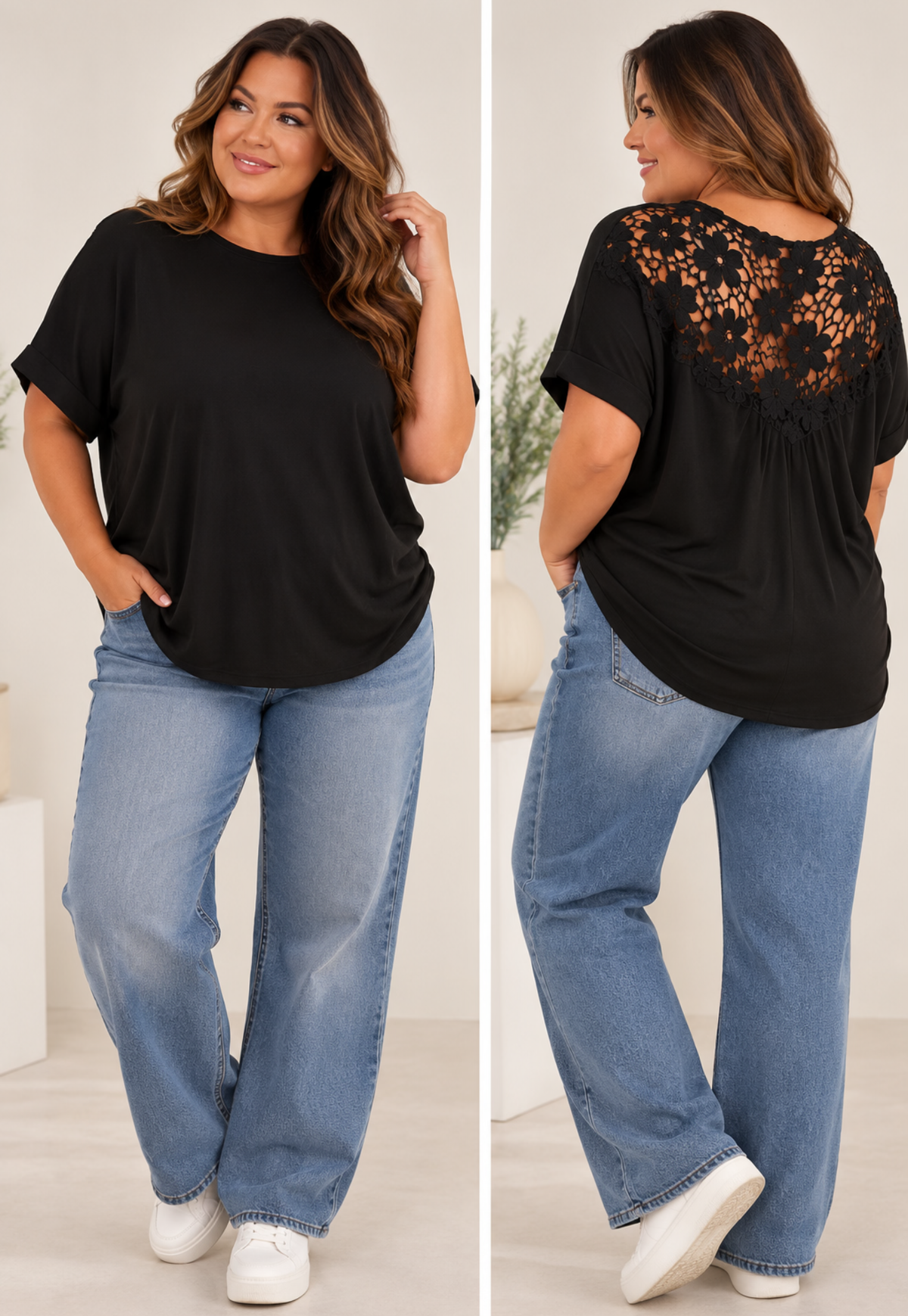 Curve Floral Crochet Back Top – Black