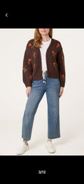 Floral Embroidered Chunky Knit Cardigan – Chocolate Brown