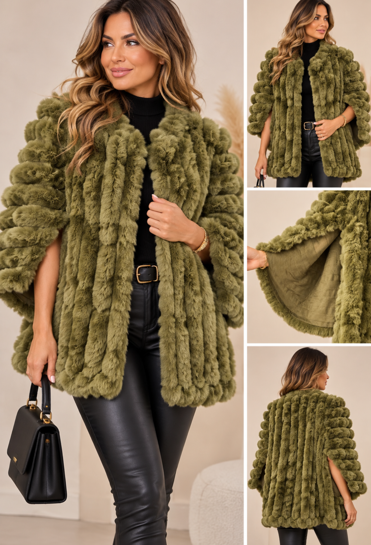 Luxe Olive Bamboo Fur & Suede Cape Jacket 💚✨