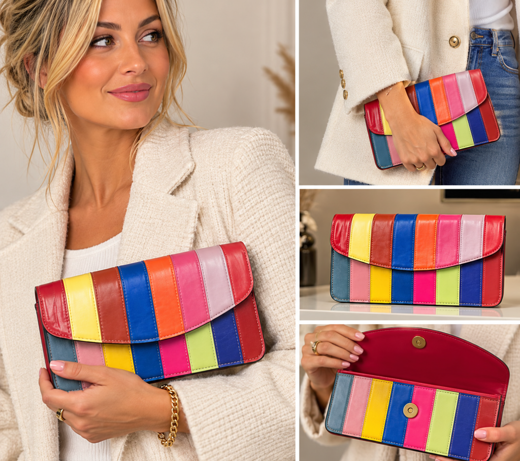 Rainbow recycled leather clutch and crossbody bag with colorful gradient design