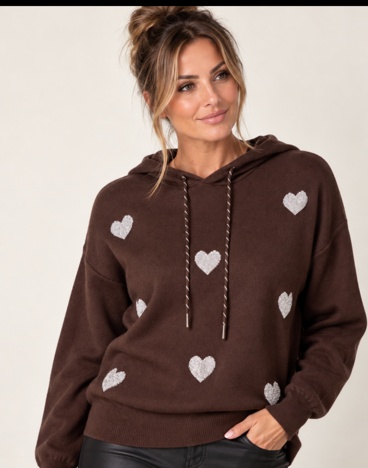 Chocolate brown hooded knit top with sparkling diamante heart details and drawstring hood