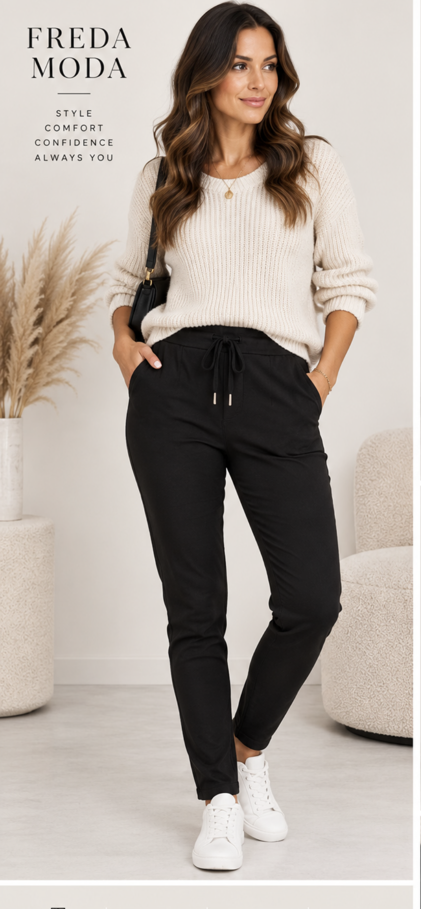 Black pull-on magic trousers with drawstring waist, slim fit and pockets on model