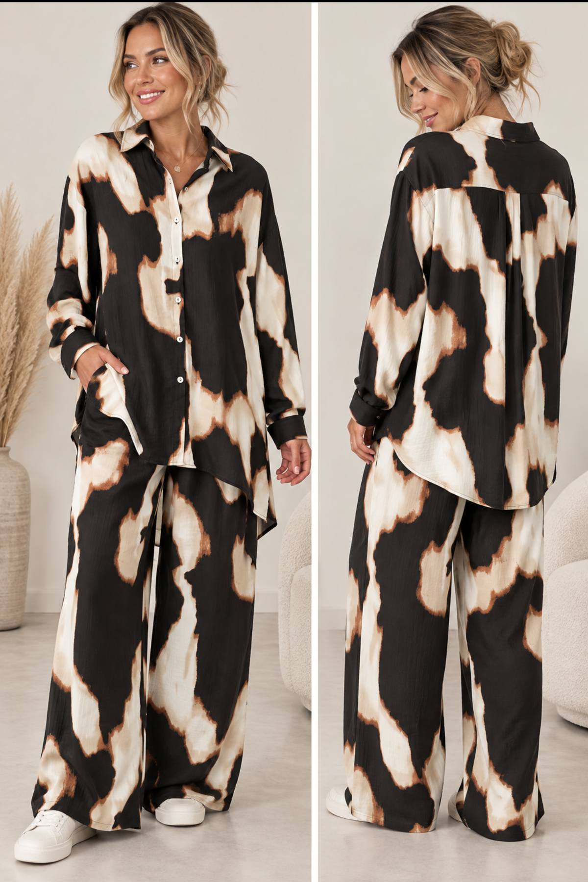 Model wearing burnt abstract print relaxed co-ord set with button-through shirt and wide-leg trousers