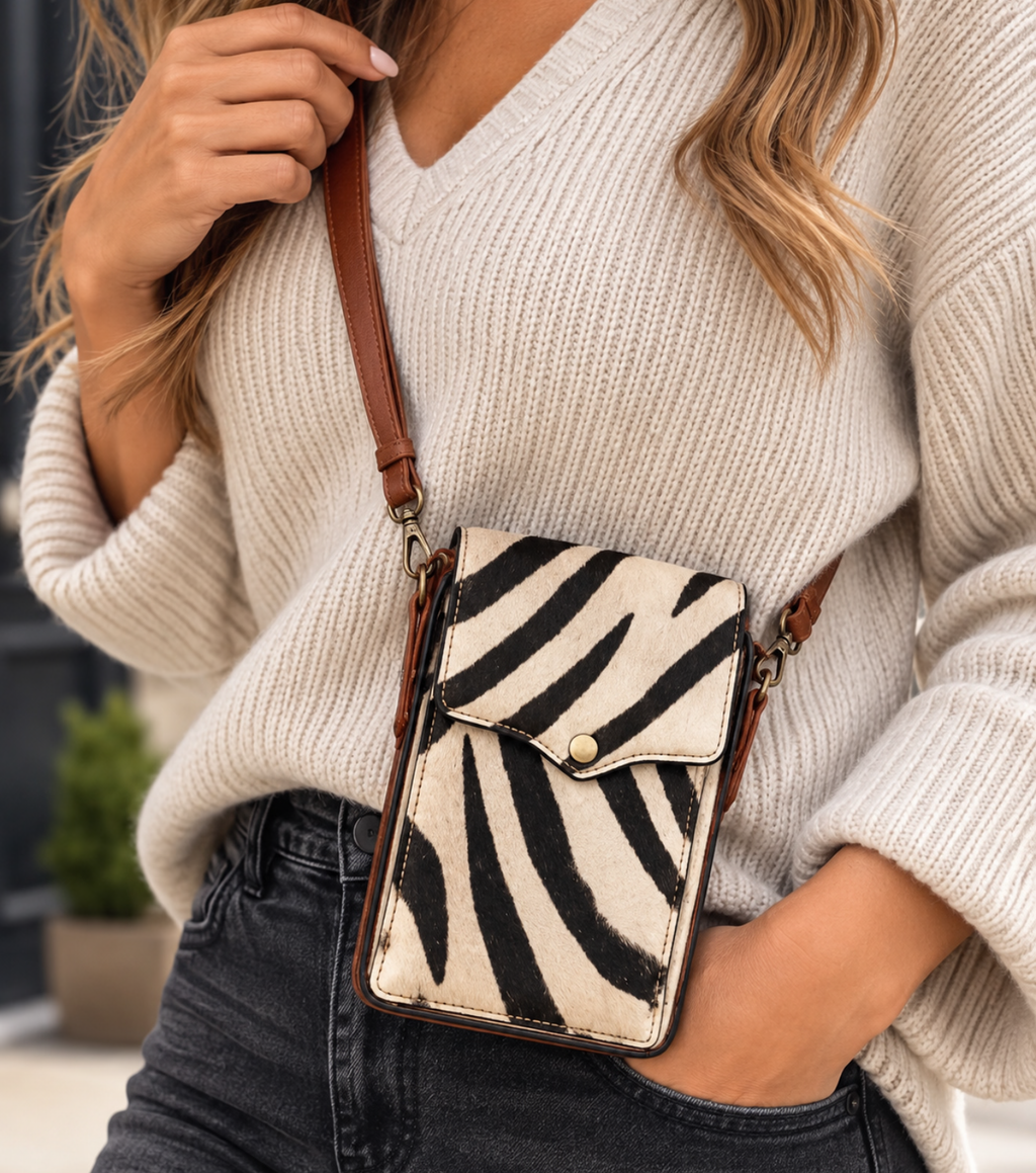 Zebra print recycled leather crossbody phone bag with adjustable strap